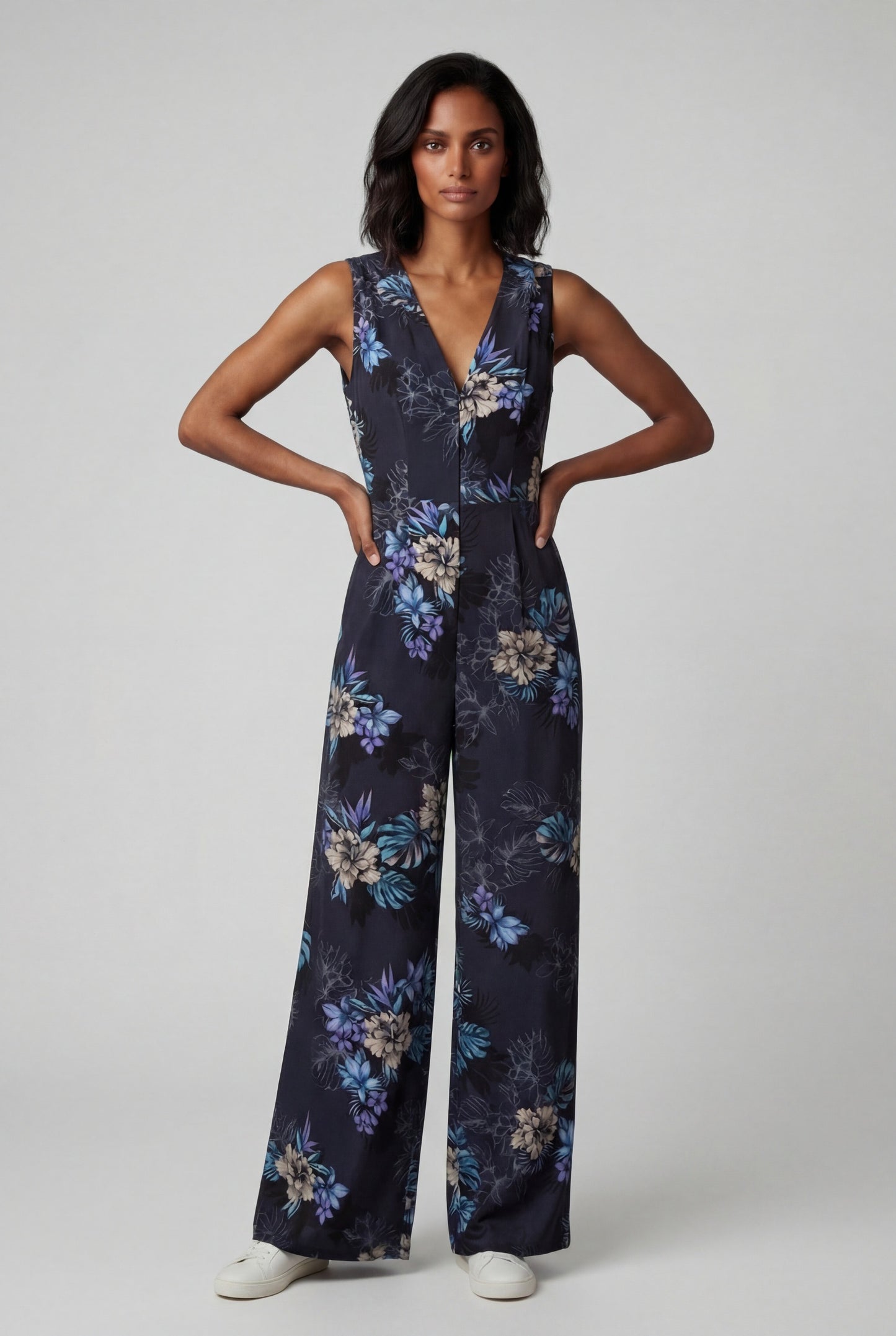 JENNY EXOTIC FLORAL BLACK WOMENS TAILORED JUMPSUIT