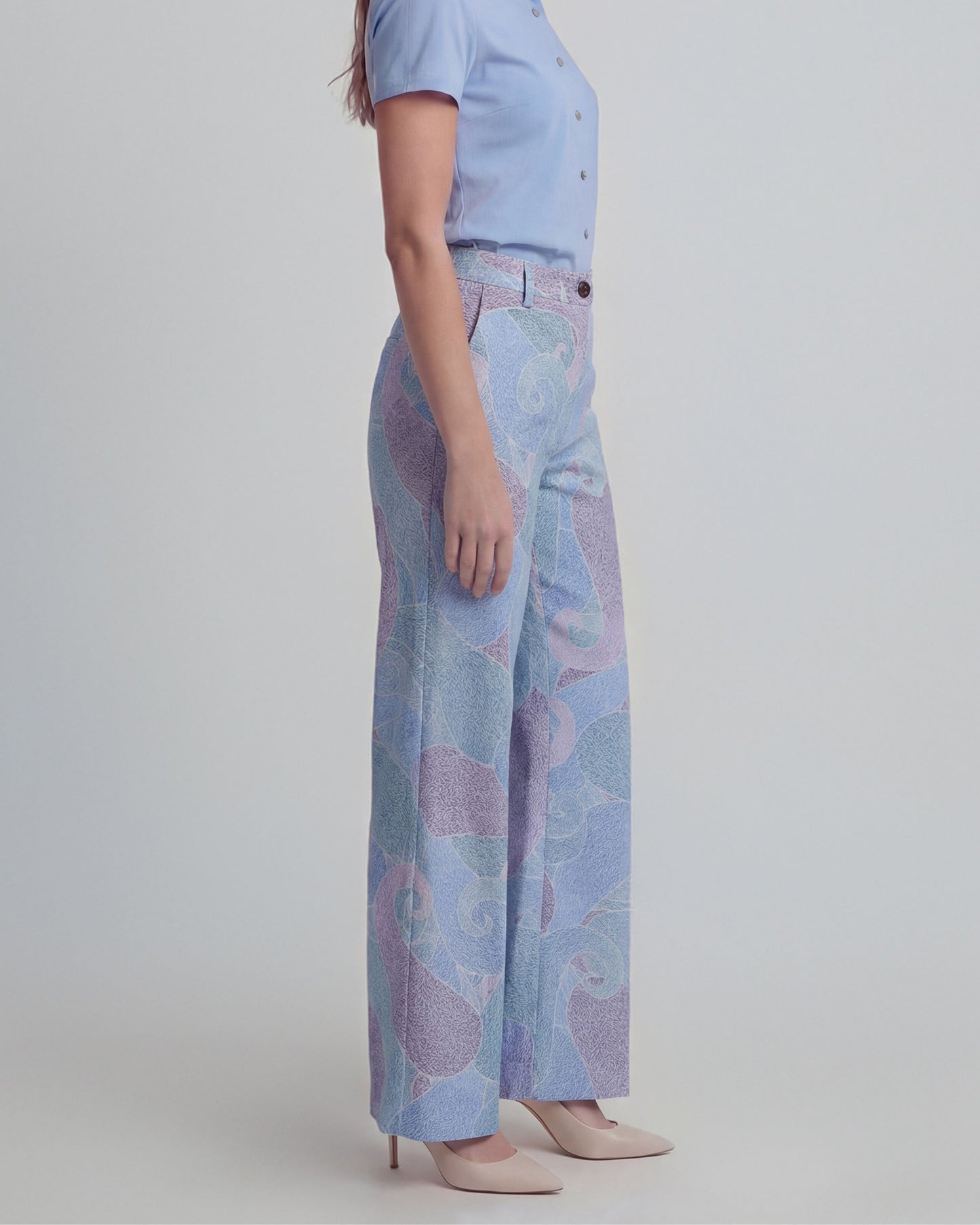 PHEOBE GRAIN PAISLEY TEAL WOMENS WOOL WIDE-LEG PANT