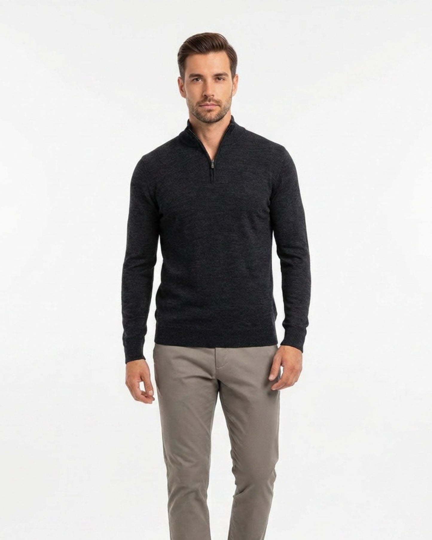 QUEST FULLY FASHIONED QUARTER-ZIP MERINO SWEATER - BLACK