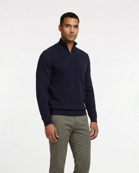 QUEST FULLY FASHIONED QUARTER-ZIP MERINO SWEATER - NAVY PLUM TWIST