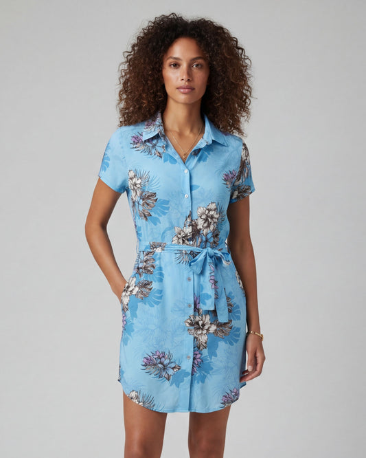 CRYSTAL EXOTIC FLORAL TEAL WOMENS SHIRT DRESS
