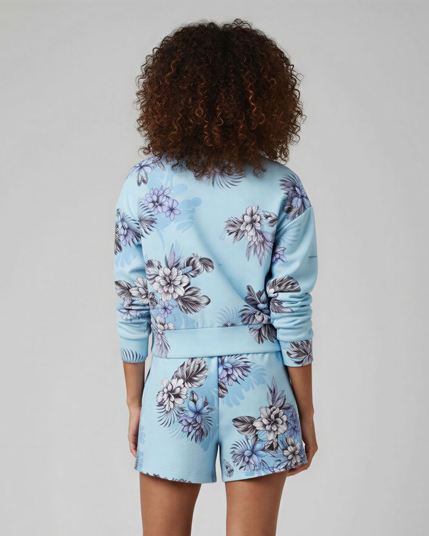 JUDY EXOTIC FLORAL TEAL WOMENS CROPPED ZIP JACKET