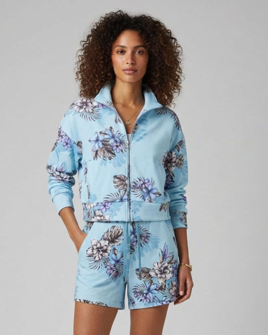 JUDY EXOTIC FLORAL TEAL WOMENS CROPPED ZIP JACKET