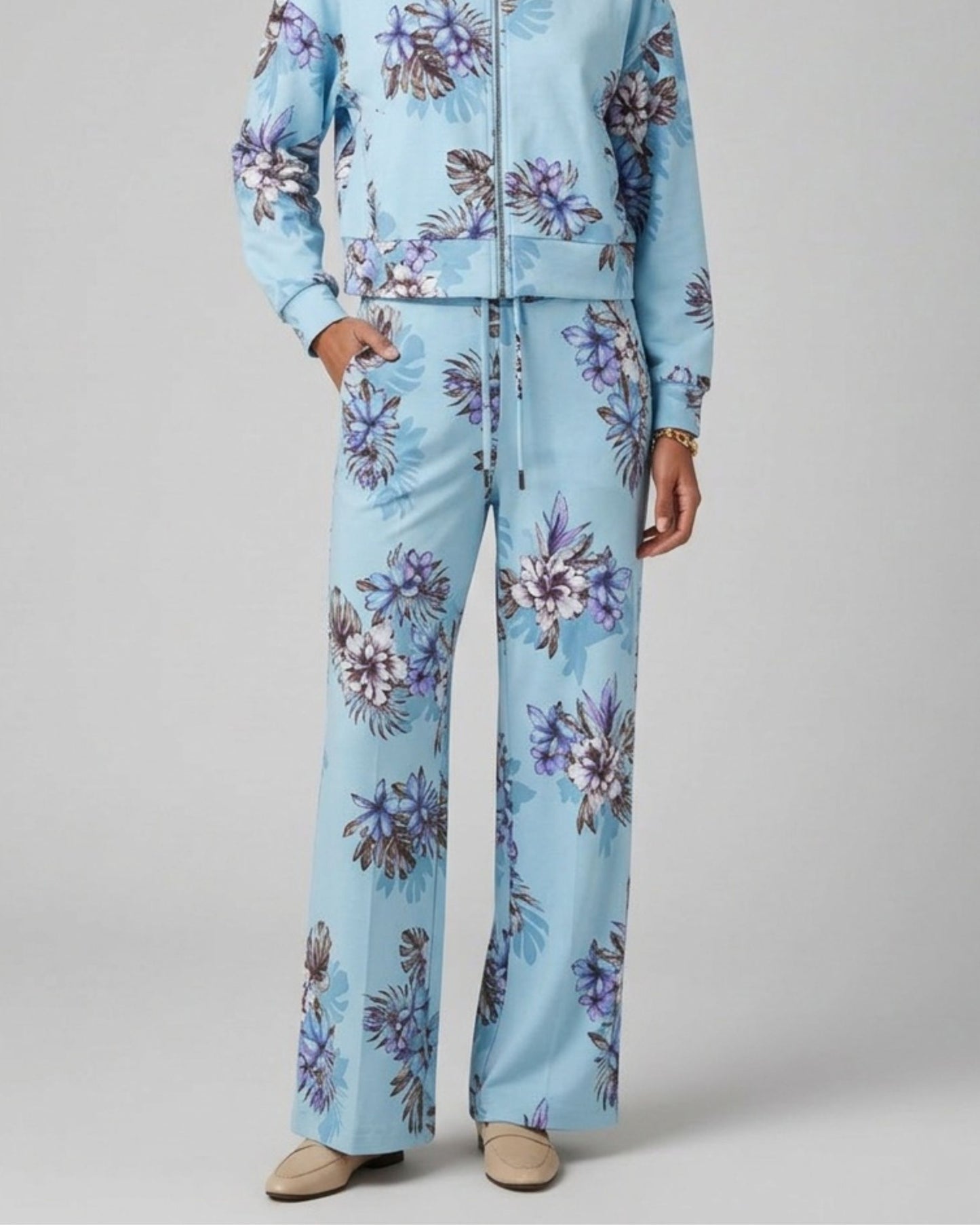 SANCHEZ EXOTIC FLORAL TEAL WOMENS WIDE-LEG PANT