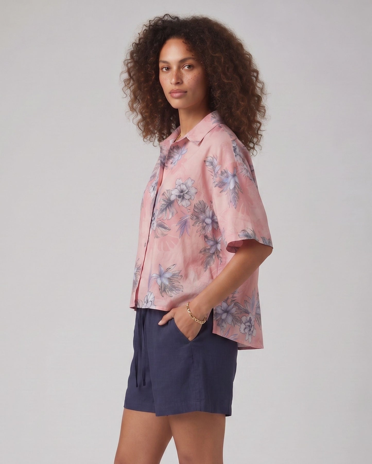 LARA EXOTIC FLORAL CORAL WOMENS RELAXED LINEN SHIRT