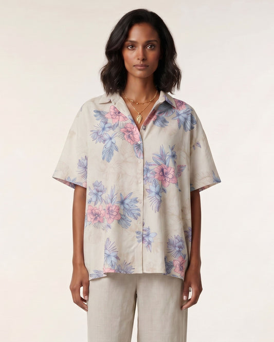 LARA EXOTIC FLORAL NATURAL WOMENS RELAXED LINEN SHIRT