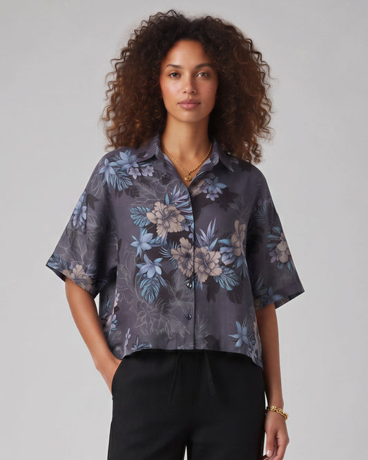 LARA EXOTIC FLORAL BLACK WOMEN'S RELAXED LINEN SHIRT