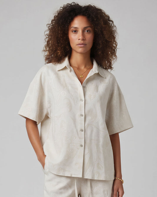 LARA PAISLEY EXPLOSION IVORY WOMENS RELAXED LINEN SHIRT