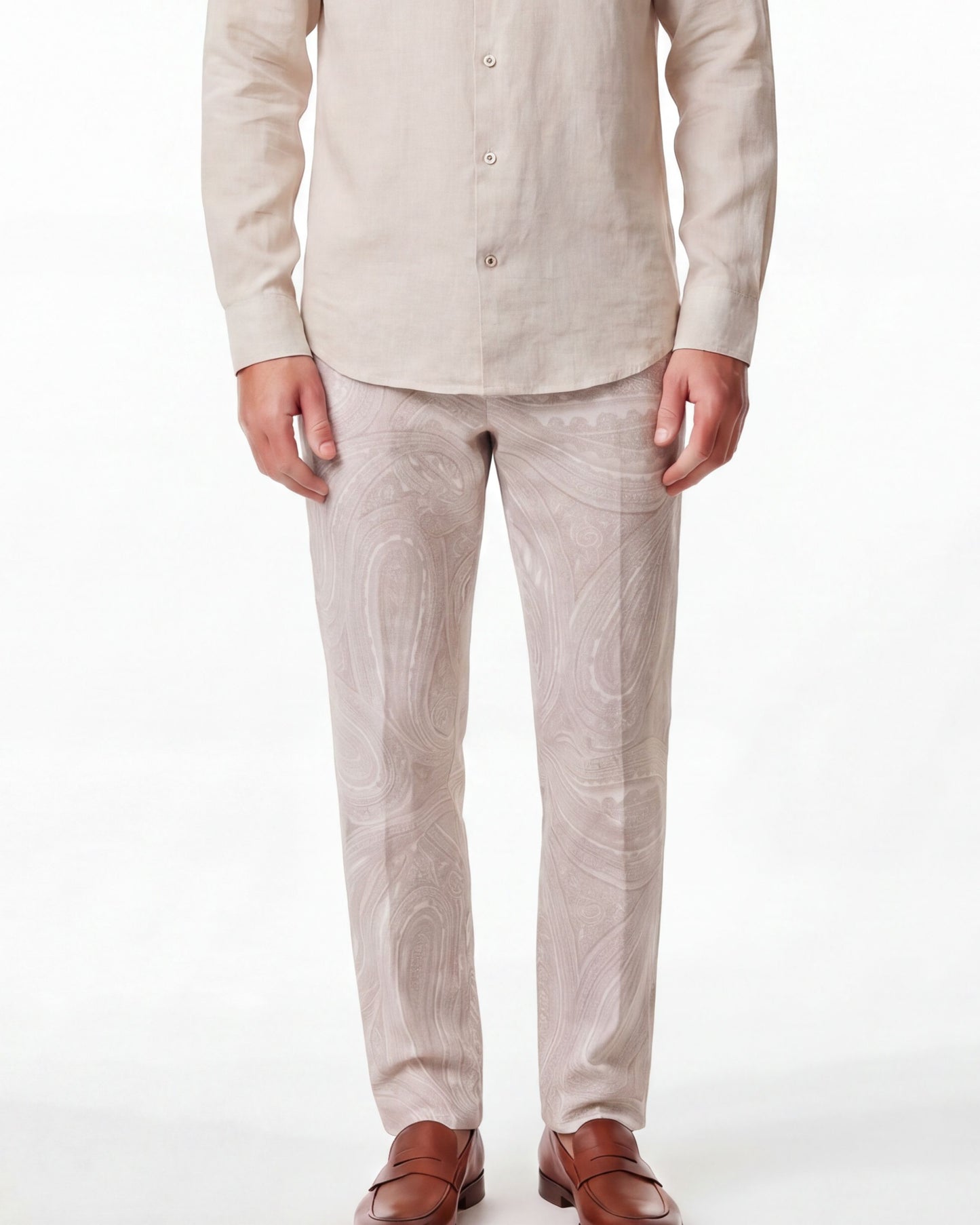 CASPIAN WILD PAISLEY OXFORD STRETCH COTTON CHINO PANT - IVORY