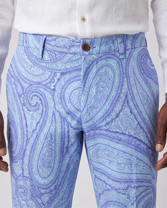 CASPIAN WILD PAISLEY OXFORD STRETCH COTTON CHINO PANT - BLUE