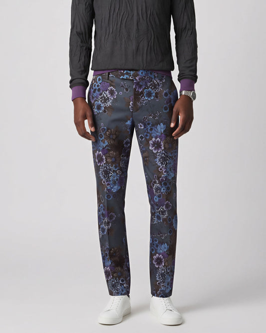 CASPIAN MARCO FLORAL STRETCH COTTON CHINO PANT - CHARCOAL