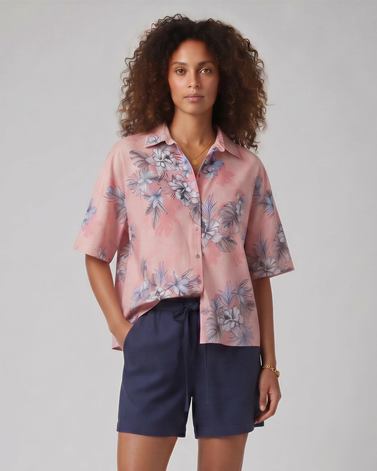 LARA EXOTIC FLORAL CORAL WOMENS RELAXED LINEN SHIRT