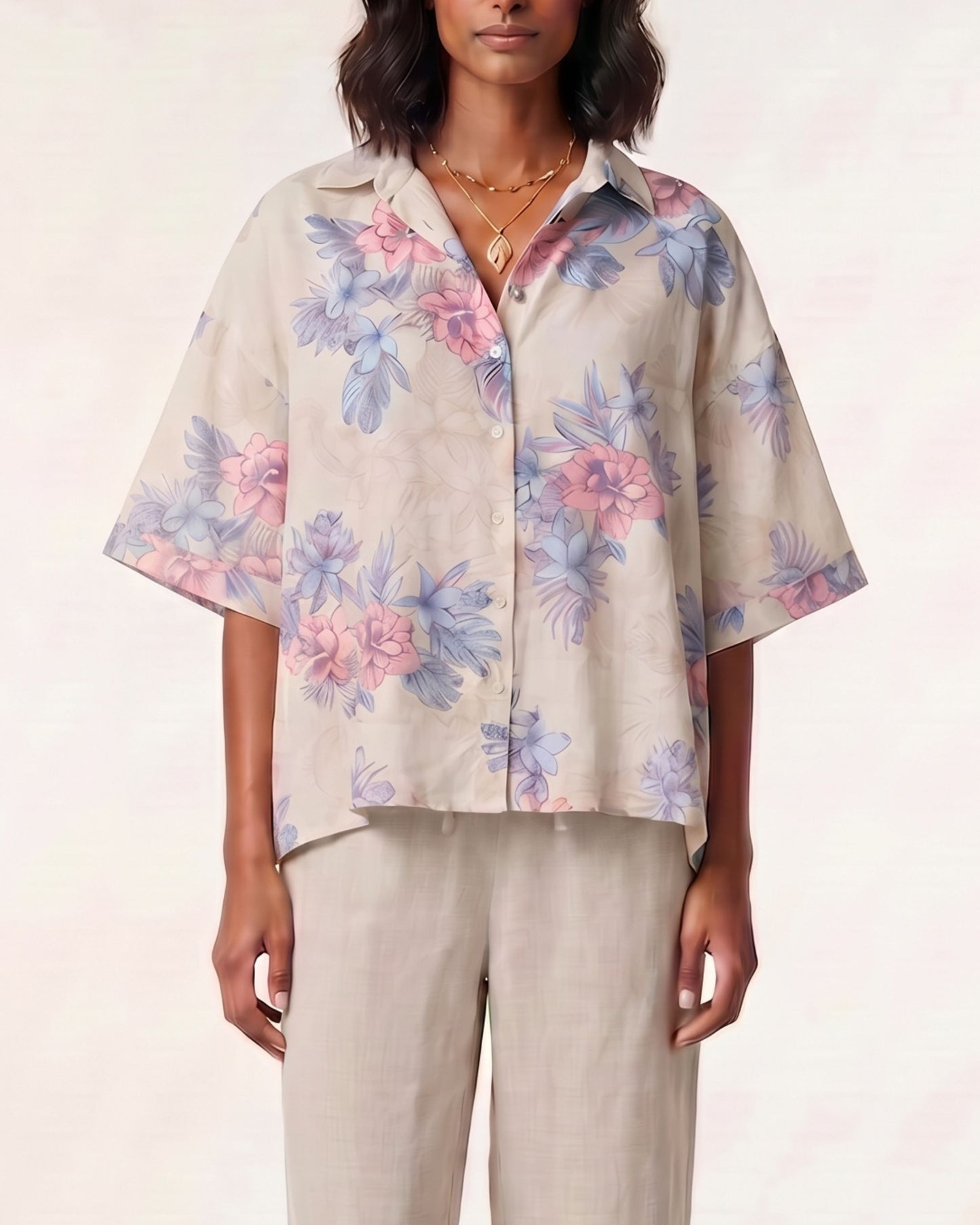 LARA EXOTIC FLORAL NATURAL WOMENS RELAXED LINEN SHIRT