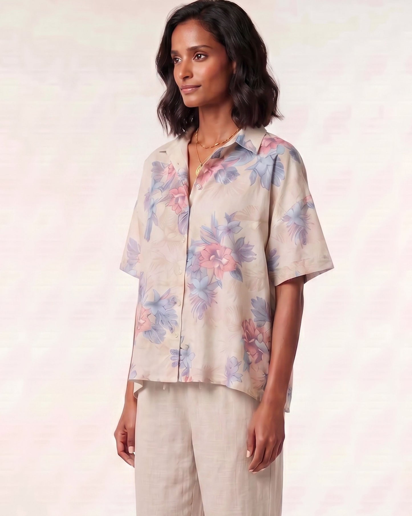 LARA EXOTIC FLORAL NATURAL WOMENS RELAXED LINEN SHIRT