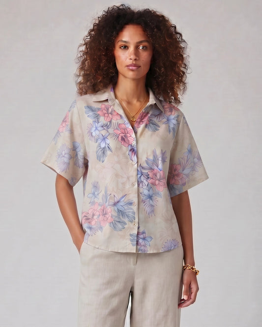 LARA EXOTIC FLORAL NATURAL WOMENS RELAXED LINEN SHIRT