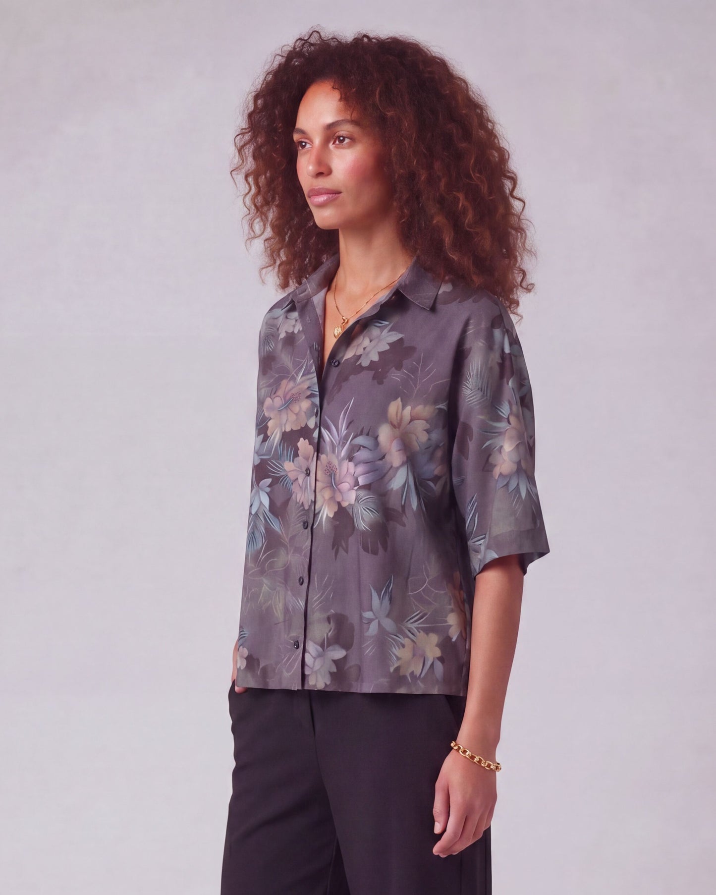 LARA EXOTIC FLORAL BLACK WOMEN'S RELAXED LINEN SHIRT