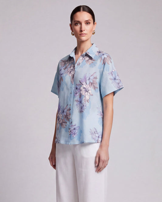 LARA EXOTIC FLORAL TEAL WOMENS RELAXED LINEN SHIRT