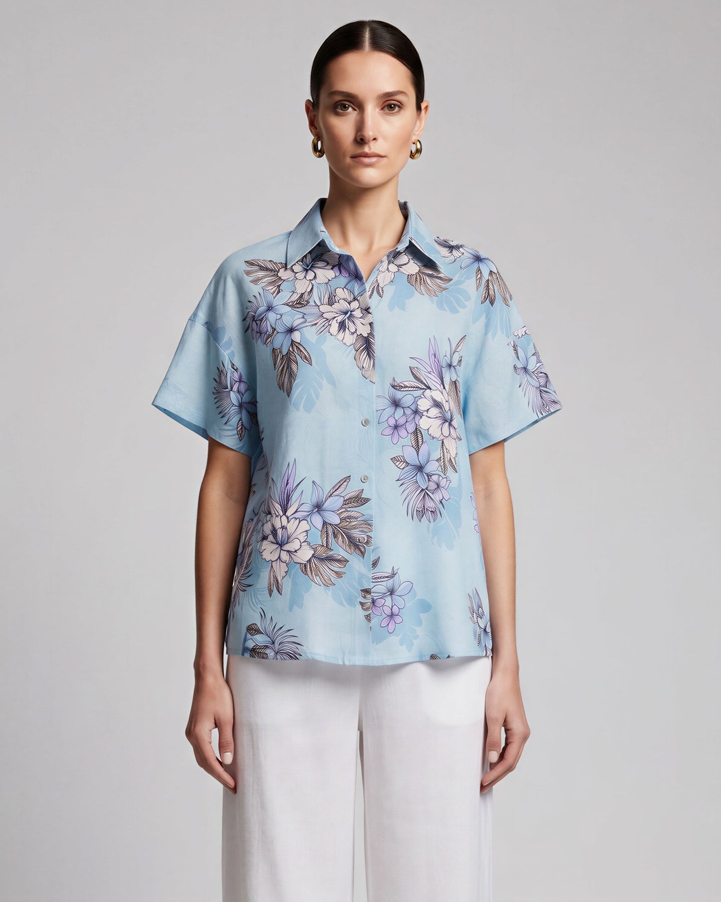 LARA EXOTIC FLORAL TEAL WOMENS RELAXED LINEN SHIRT