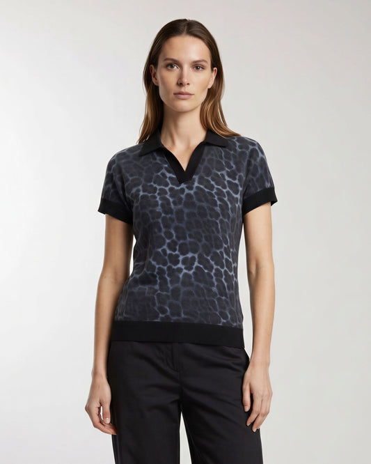JESSICA LEOPARD SMOKE WOMEN'S MERINO SILK CASHMERE SWEATER POLO