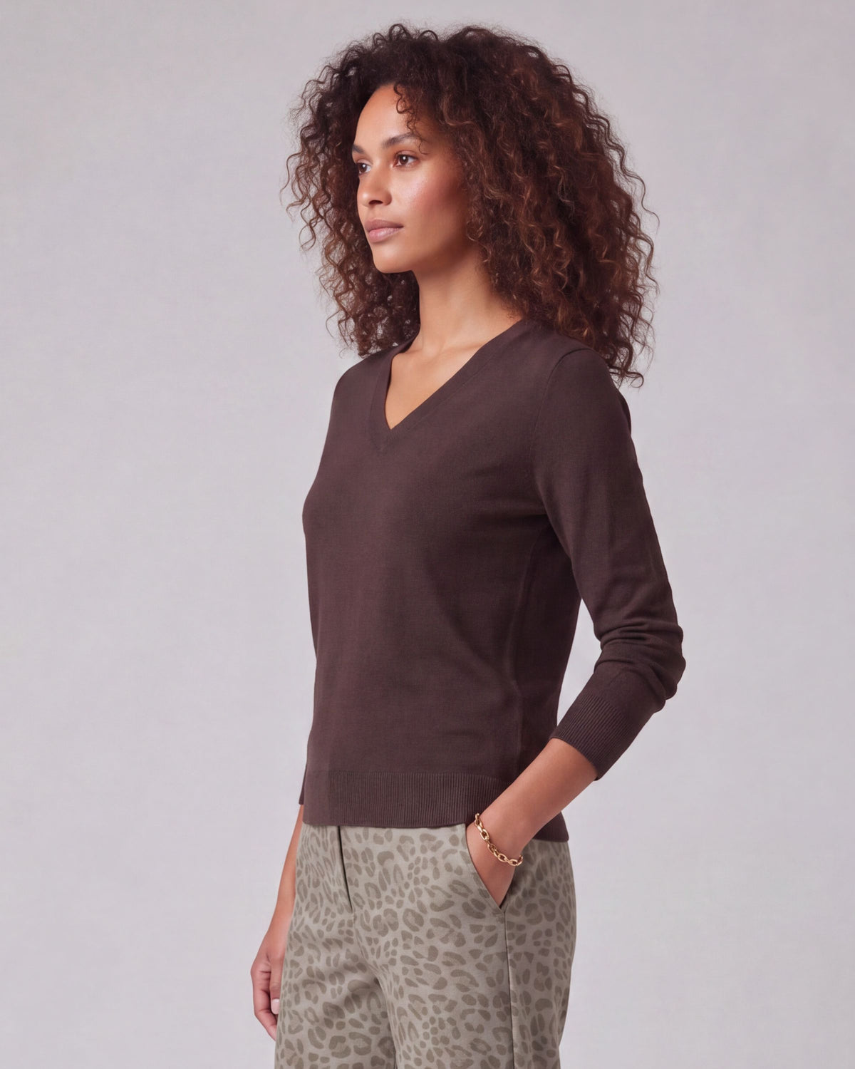 SASHA BROWNIE WOMEN'S MERINO SILK CASHMERE V-NECK SWEATER
