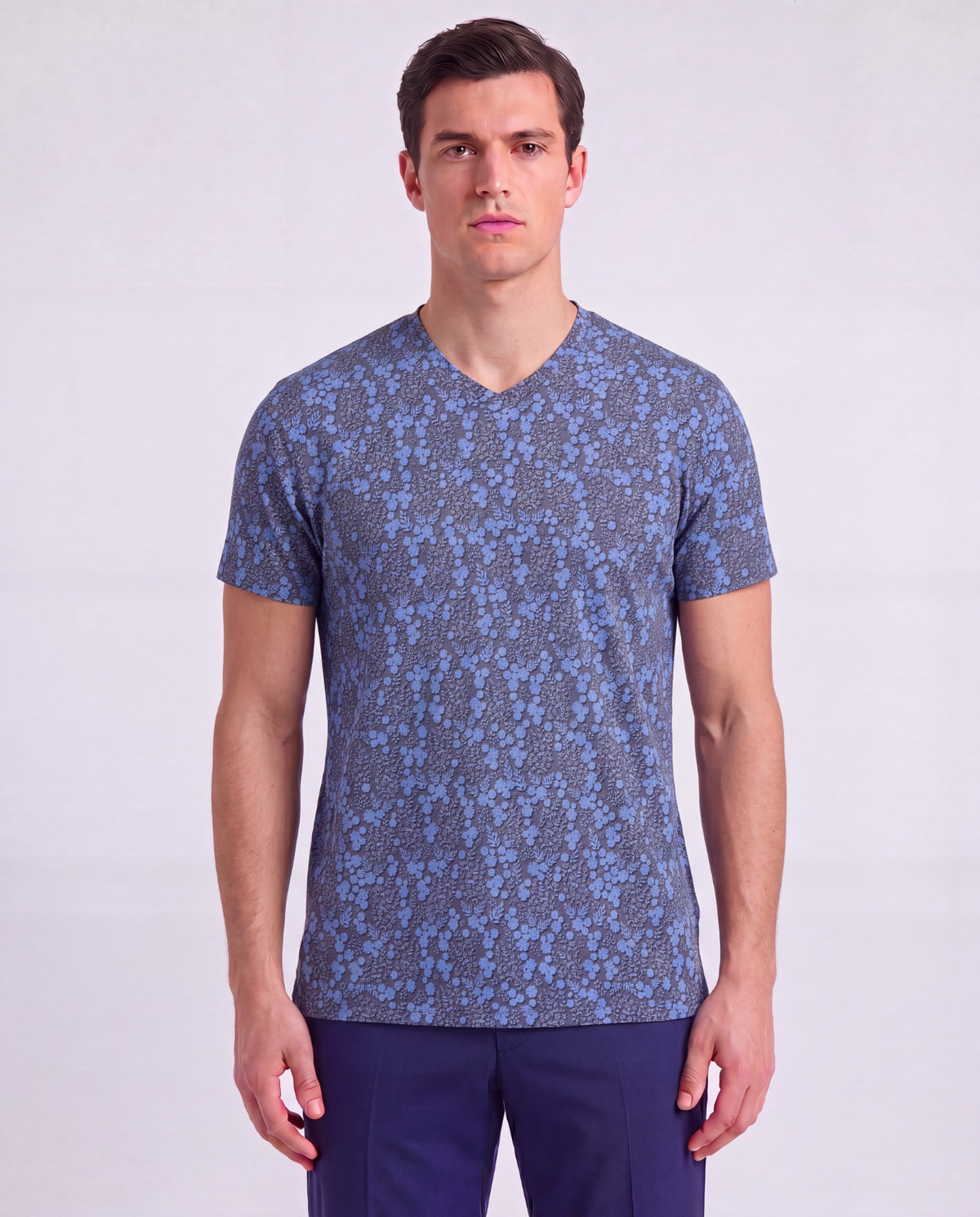 MAZE LECH FLORAL BLACK MEN'S STRETCH COTTON V-NECK TEE
