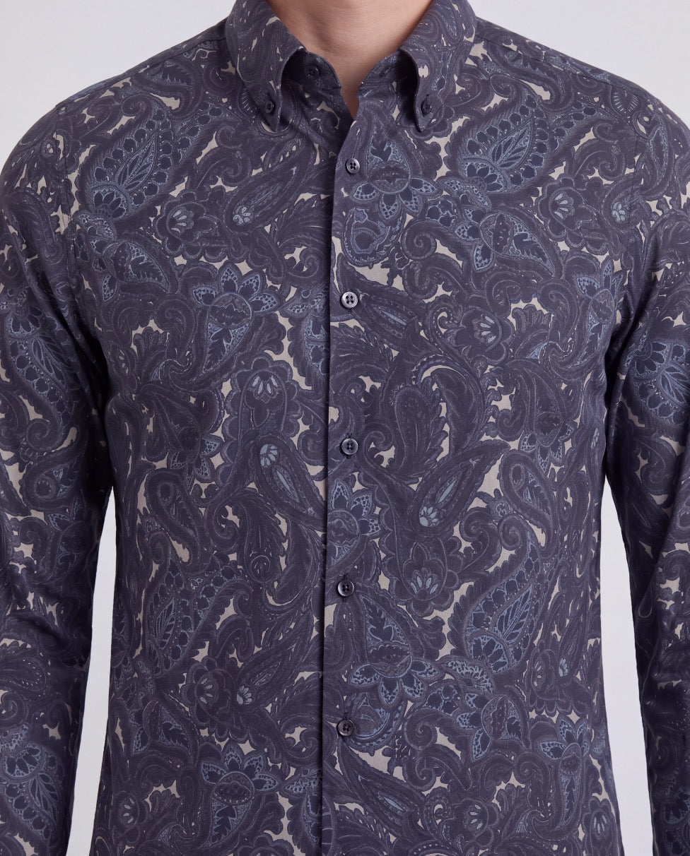 MORRIS LANNACH PAISLEY SMOKE MEN'S PRINTED COTTON BUTTON-DOWN SHIRT