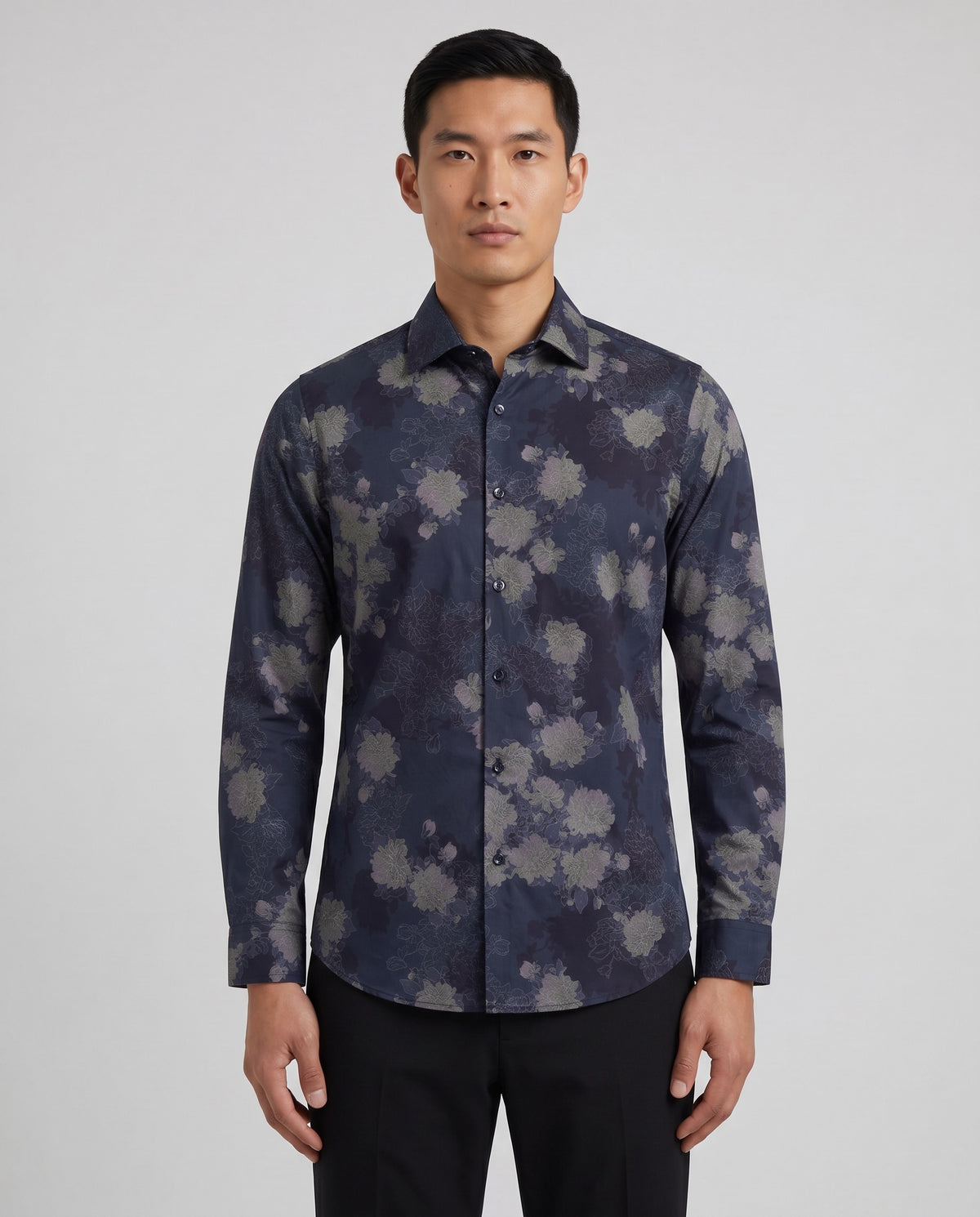 NIGEL LANS FLORAL BLACK MEN'S PRINTED COTTON LONG-SLEEVE SHIRT