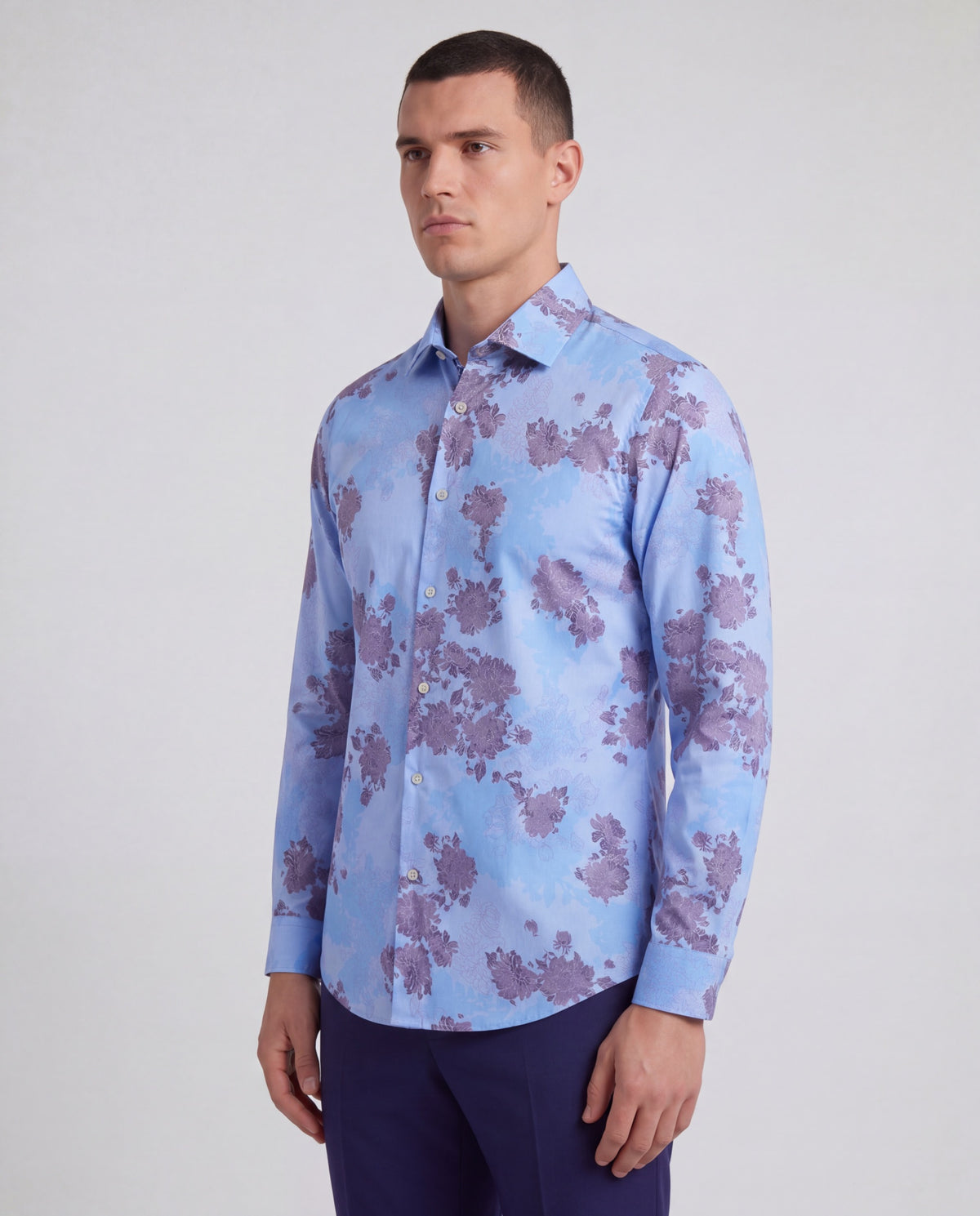 NIGEL LANS FLORAL BLUE MEN'S PRINTED COTTON LONG-SLEEVE SHIRT