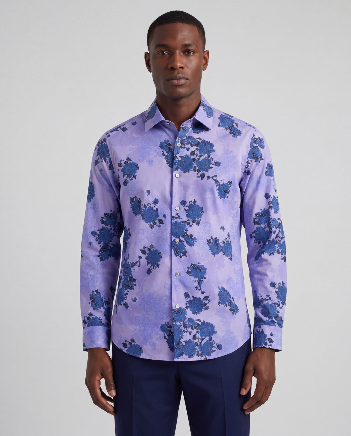 NIGEL LANS FLORAL LAVENDER MEN'S PRINTED COTTON LONG-SLEEVE SHIRT
