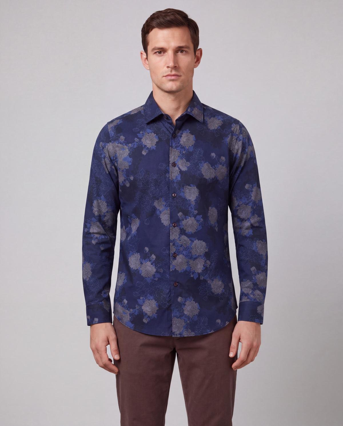 NIGEL LANS FLORAL NAVY MEN'S PRINTED COTTON LONG-SLEEVE SHIRT
