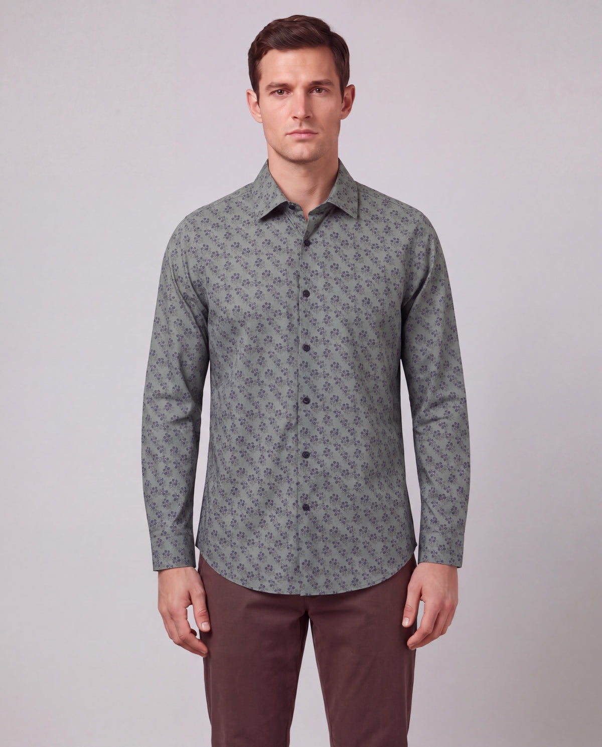 NIGEL VIENNA FLORAL SAGE MEN'S PRINTED COTTON LONG-SLEEVE SHIRT