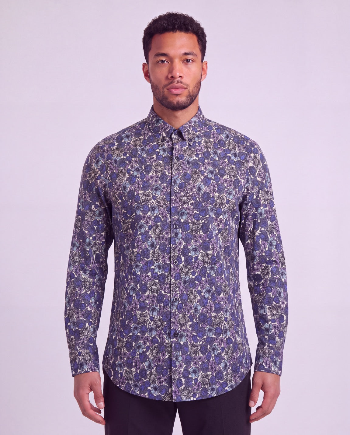 SIMON TERNBERG FLORAL BLACK MEN'S STRETCH JERSEY LONG-SLEEVE SHIRT