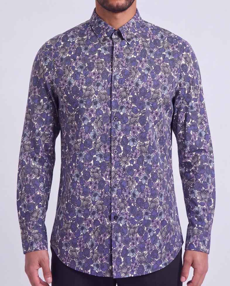 SIMON TERNBERG FLORAL BLACK MEN'S STRETCH JERSEY LONG-SLEEVE SHIRT