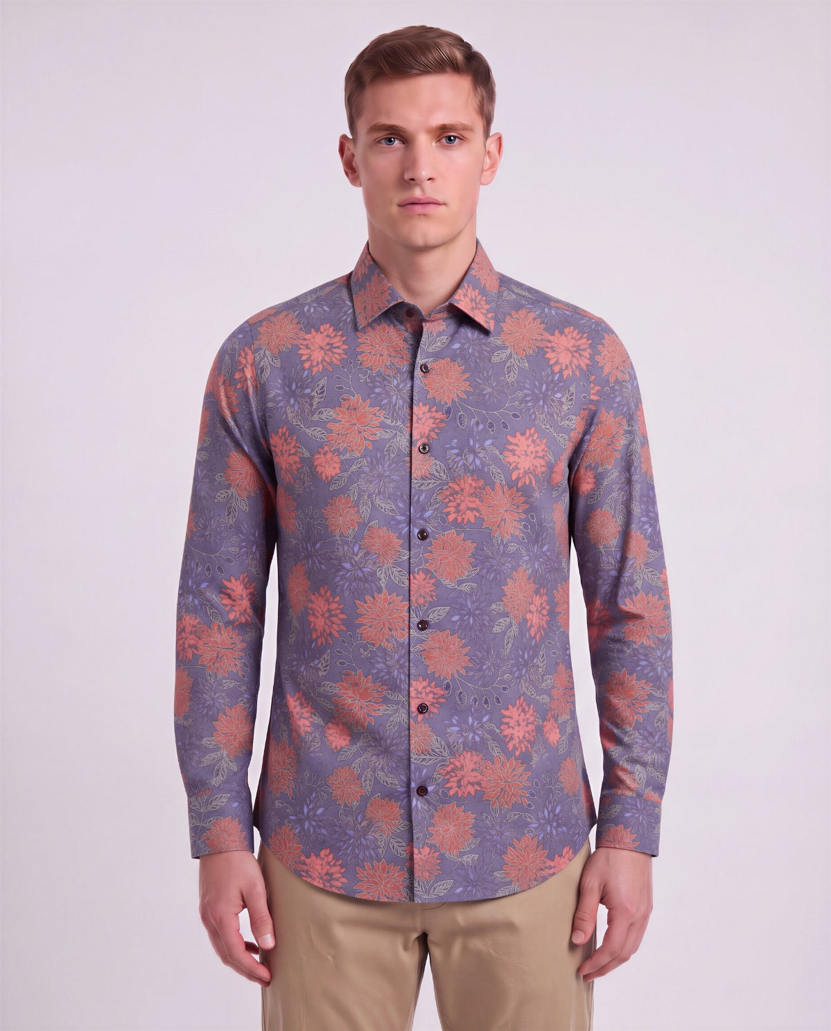 NICOLI ICE FLORAL AUBERGINE MEN'S PRINTED COTTON LONG-SLEEVE SHIRT