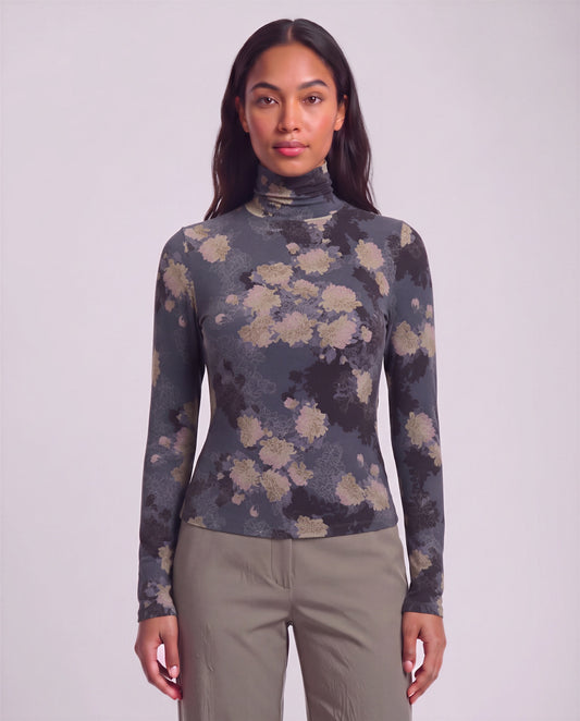 KATE LANS FLORAL BLACK WOMEN'S LYOCELL STRETCH TURTLENECK