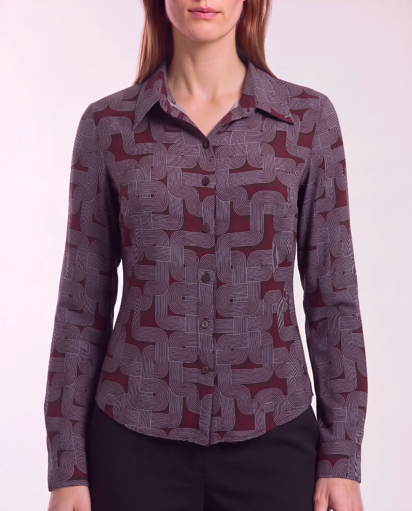 SUTTON BLONS GEO PORT WOMEN'S STRETCH SILK LONG-SLEEVE SHIRT