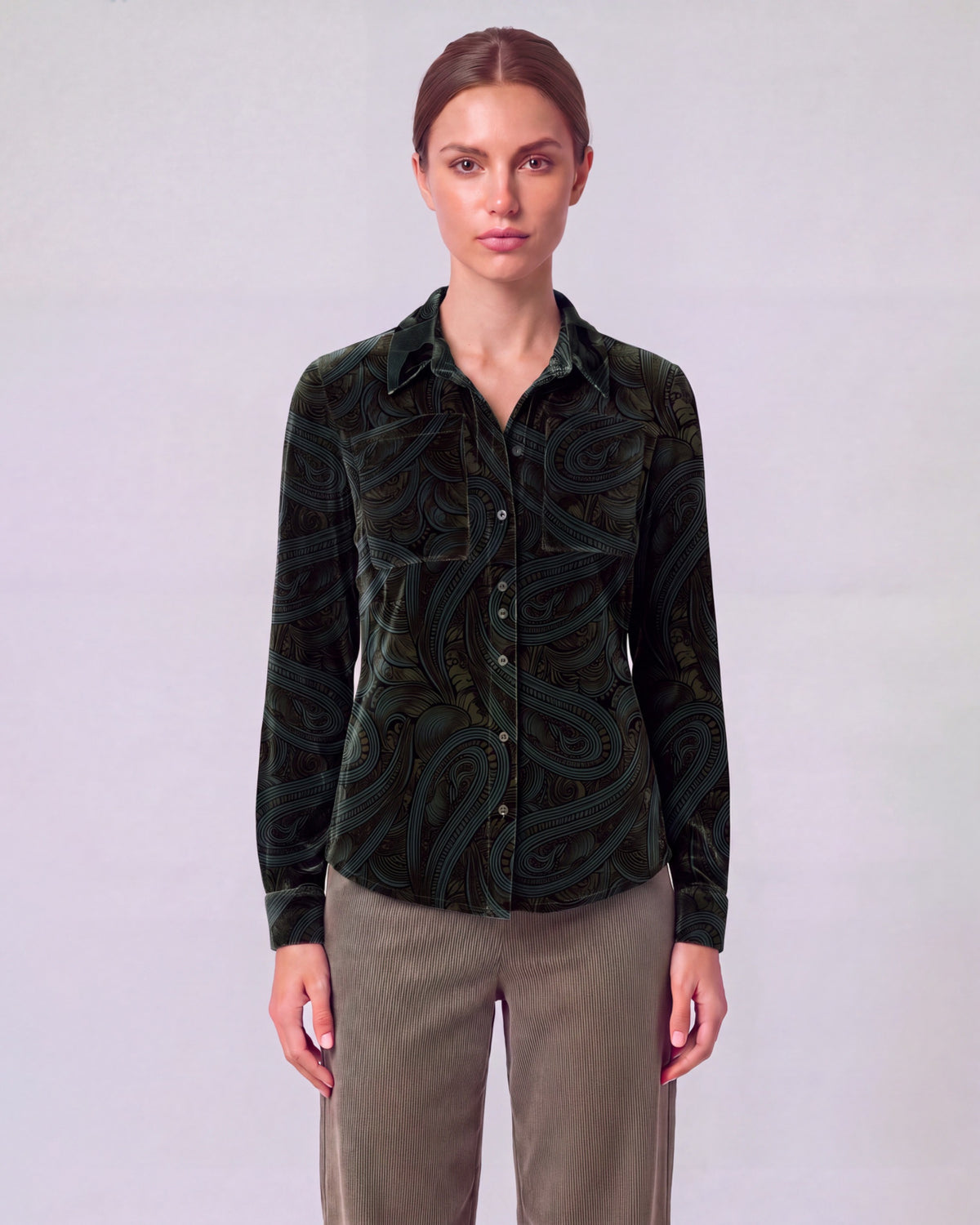 SYLVIA PAISLEY BADALONA BROWNIE WOMEN'S VELVET LONG-SLEEVE SHIRT