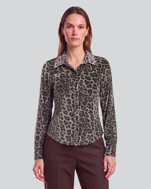SYLVIA LEOPARD SAGE WOMEN'S VELVET LONG-SLEEVE SHIRT